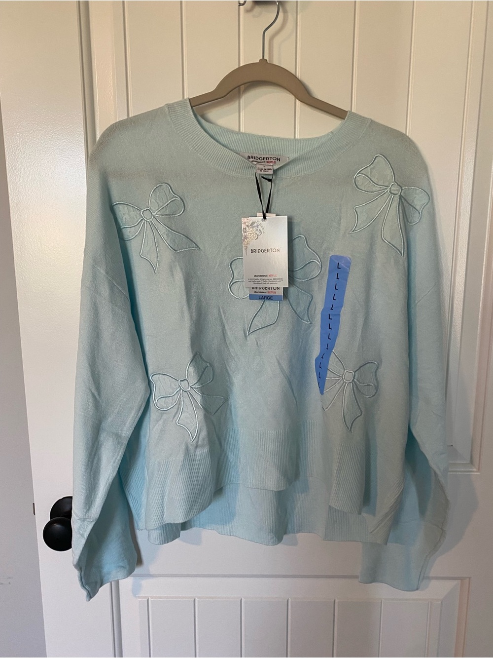 Bridgerton Light Blue Bow-Embroidered Crewneck Sweater